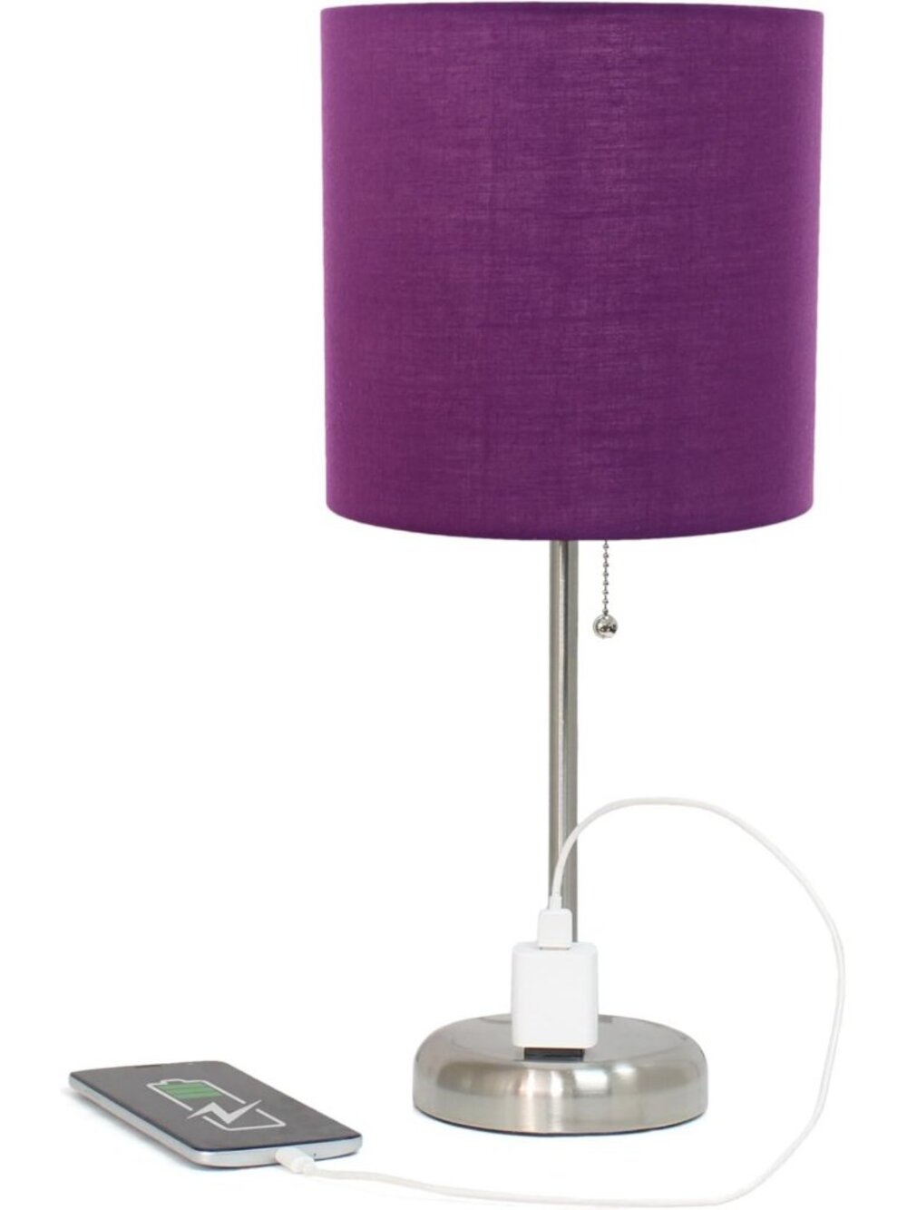 Modern Brushed Steel Table Lamp Set with Charging Outlet & Purple Drum Shade